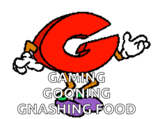 a cartoon drawing of a letter g with the words gaming going gnashing food below it
