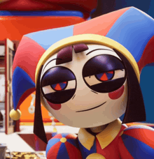 a cartoon character wearing a colorful jester costume looks tired