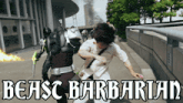 a man is being attacked by a beast barbarian with a sword