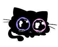 a cartoon drawing of a black cat with pink and purple eyes