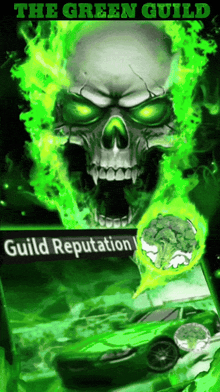 a poster for the green guild shows a skull in green flames