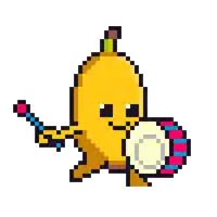 a pixel art illustration of a banana holding a sword and shield .