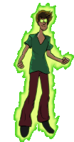 a cartoon character is standing in front of a green glow