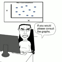 a cartoon of a man sitting in front of a computer asking if you would please consult the graphs .