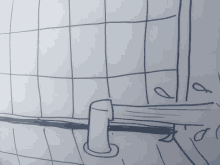 a drawing of a bathroom with a faucet and a shelf