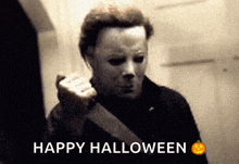 a man in a mask is holding a knife and the words happy halloween are below him