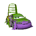 a green and purple car from the movie cars is sitting on a white background .