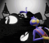 a purple cartoon character with yellow eyes stands in front of a shadow of a clown