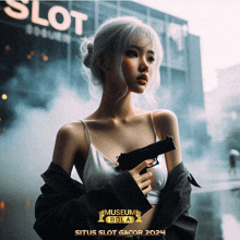 a woman holding a gun in front of a building that says slot on it