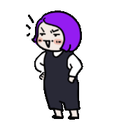 a cartoon girl with purple hair is standing with her hands on her hips and making a funny face .