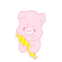 a drawing of a pink pig holding a yellow candy