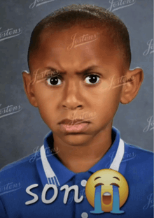 a boy in a blue shirt with son written on the bottom