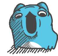 a cartoon drawing of a blue animal with its mouth open