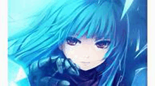 a close up of a blue haired anime girl with a glove on .