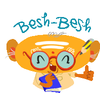 a cartoon drawing of an old man with glasses holding a book and a pencil with the words besh-besh below him