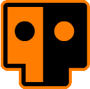 a black and orange icon with a circle in the middle of it .