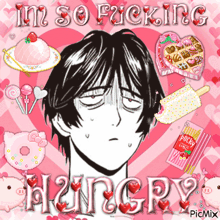 a cartoon drawing of a man with the words i 'm so fucking hungry