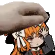 a cartoon girl with orange hair and a hat is being touched by a hand .