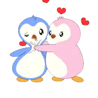 a blue and pink penguin hugging each other with red hearts flying around them