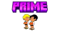 two cartoon characters standing next to each other with the word prime behind them