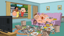 a family guy cartoon shows a man laying on a couch covered in food