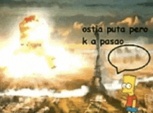 a cartoon of bart simpson standing in front of a huge explosion with a speech bubble .