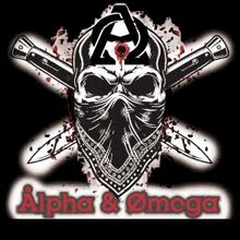 a logo for alpha & omega with a skull with a bandana and two crossed knives