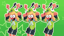three cartoon characters are standing next to each other and one has the letter a on her shirt