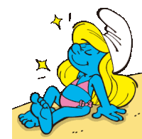 a smurf in a pink bikini is laying on the sand