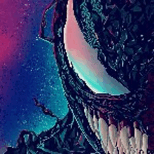 a close up of venom 's face with a purple background .