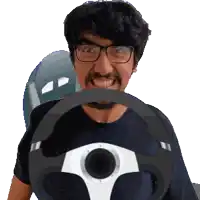 a man with glasses is holding a steering wheel in his mouth
