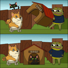 a dog and a cat are standing in front of a dog house that says d.o.g.e