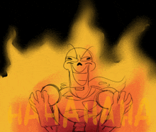 a drawing of a skeleton with flames behind him and the word laughing written in red