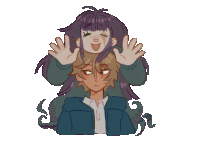 a pixel art drawing of a girl sitting on top of a boy 's head