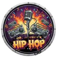 a purple circle with a microphone and boomboxes that says hip hop