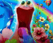 a colorful painting of flowers and dolphins with a frog 's mouth open