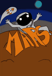 a cartoon drawing of an astronaut with the word mars written in orange