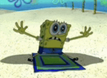 a spongebob squarepants character is sitting on a towel on the beach .