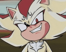 a close up of a cartoon of shadow the hedgehog making a face .