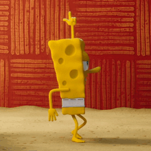 a cartoon spongebob squarepants character is standing in front of a red wall