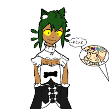 a drawing of a girl with green hair and yellow eyes and a speech bubble that says " he he "