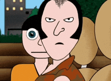 a cartoon drawing of a man and a woman with one eye