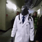 a man dressed as a doctor with a pigeon head