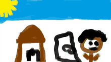 a drawing of a house a dog and a man with a smiley face