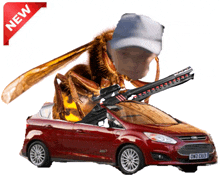 a picture of a wasp holding a gun next to a car that says new on it