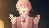 a girl with pink hair is wearing a school uniform and a bow tie