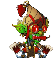 a cartoon drawing of a goblin with a red tongue holding two mugs of beer