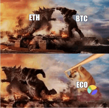 a picture of a battle between two monsters with the words eth and btc above them