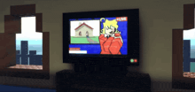 a tv screen shows a cartoon character and the words live on the bottom