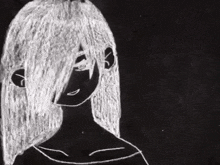 a black and white drawing of a girl with long hair and a black mask on her face .